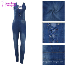 Sexy Crew Neck Hollow out Ladies Denim Jeans Slinky Jumpsuit
